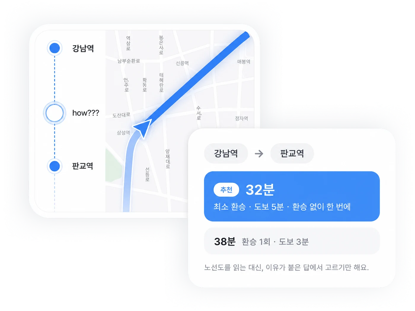 길찾기 앱 화면: 강남역에서 판교역, 추천 32분과 이유가 붙은 답